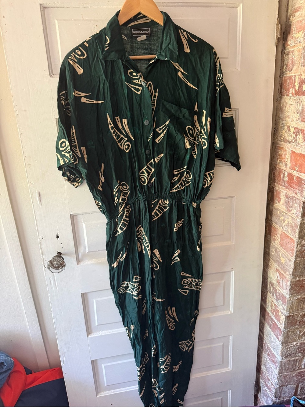 Vintage Dark Green Printed Short Sleeve Jumpsuit by California Krush